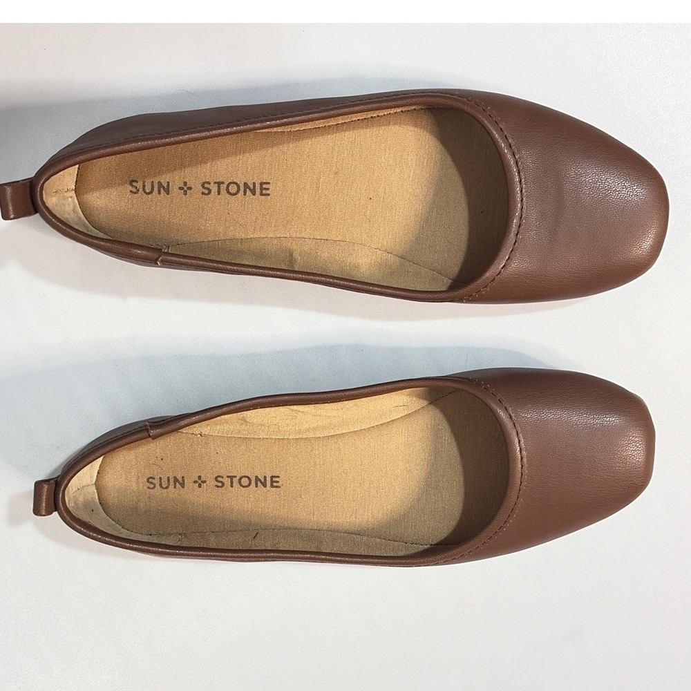 Sun + Stone Avvery Brown Square Toe Ballet Flats Womens 5.5 Cognac Slip On Shoes - Picture 6 of 10